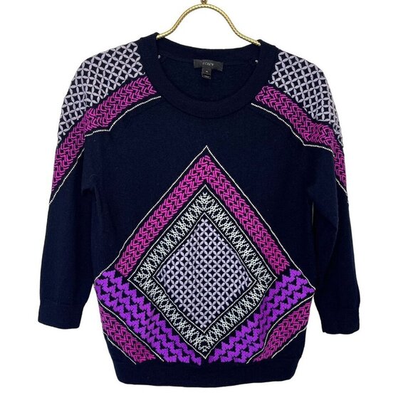 J. Crew Sweaters - J. Crew Merino Wool  Geometric Purple and Black Sweater Ladies SIze MED
